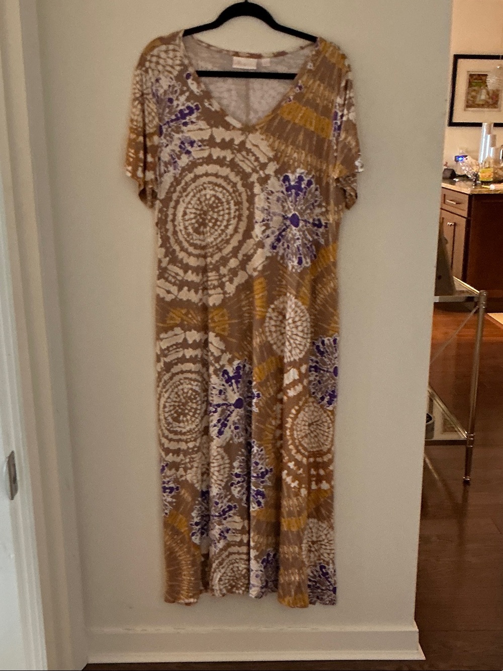 Belle by Kim Gravel Tie-Dye V-Neck Maxi Dress in Tan and Purple